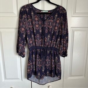 Maurices Womens Navy Aztec Smocked Gathered Waist V-neck Tunic Sz M Corpcore